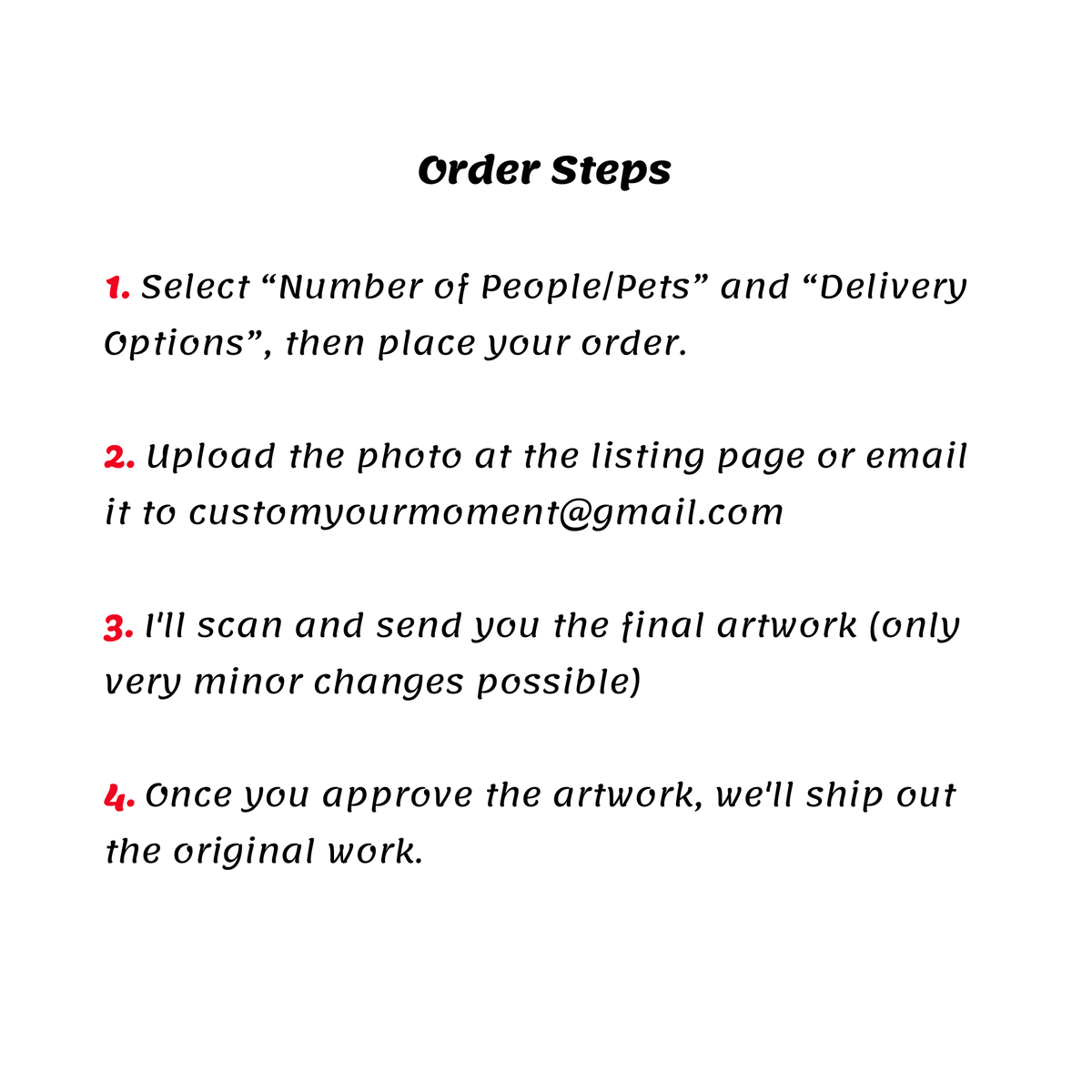 Order steps for a custom hand-drawn wedding portrait from photo