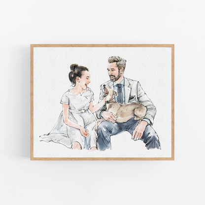 Watercolour Line People Portrait, Pen and Ink Drawing, Gifts For The Couple, Personalised Art, Custom family portrait