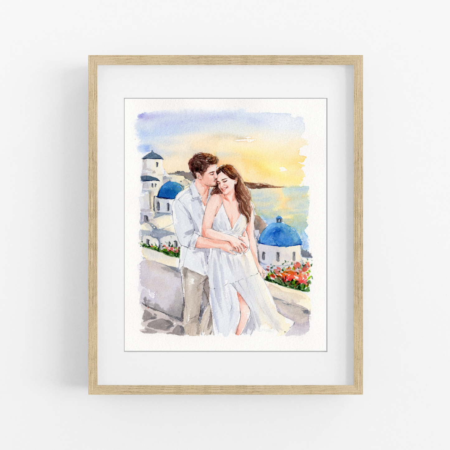 Custom couple watercolor portrait from photo with Santorini sunset background