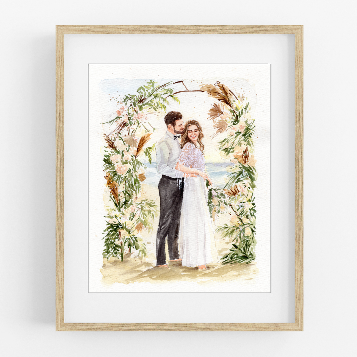 Framed watercolor wedding portrait of a couple beneath an arch decorated with colorful flowers and greenery.