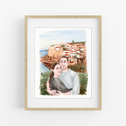 Custom travel couple watercolor portrait from photo with coastal village background