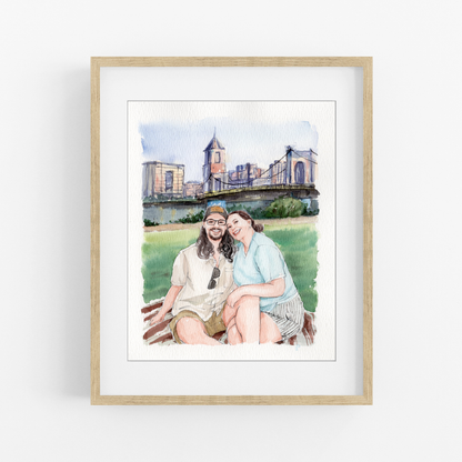 Hand-drawn couple watercolor portrait from photo with city bridge background