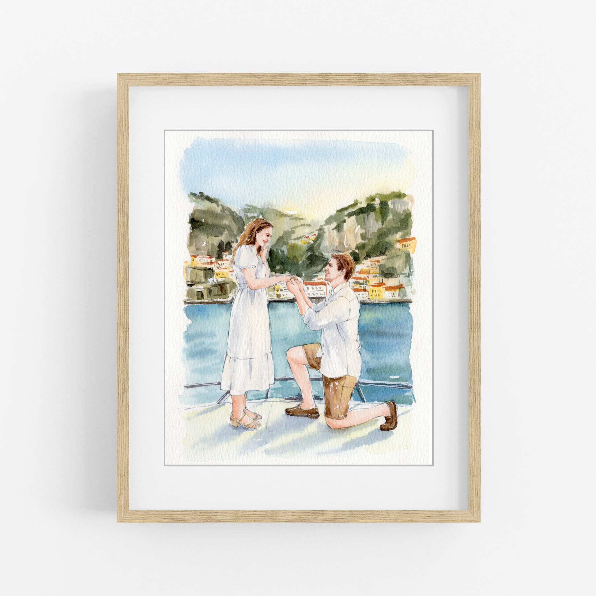 Romantic proposal watercolor portrait from photo by the water