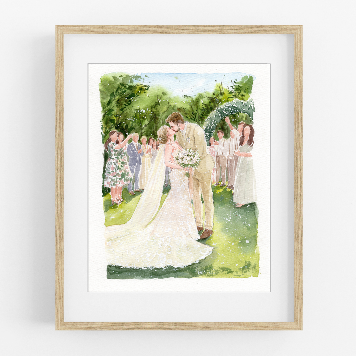 Framed watercolor portrait of a bride and groom beneath a floral wedding arch in a sunny garden.