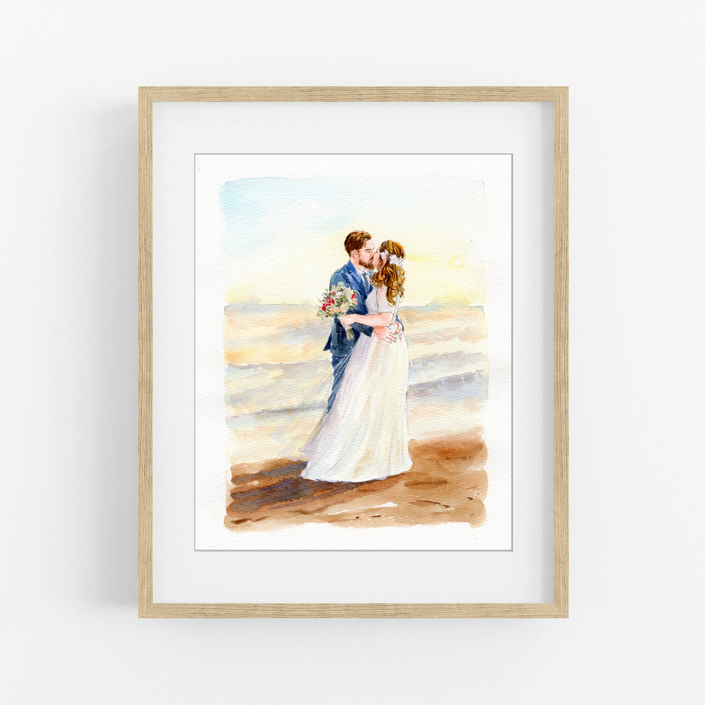Beach couple watercolor portrait of bride and groom kissing by the sea