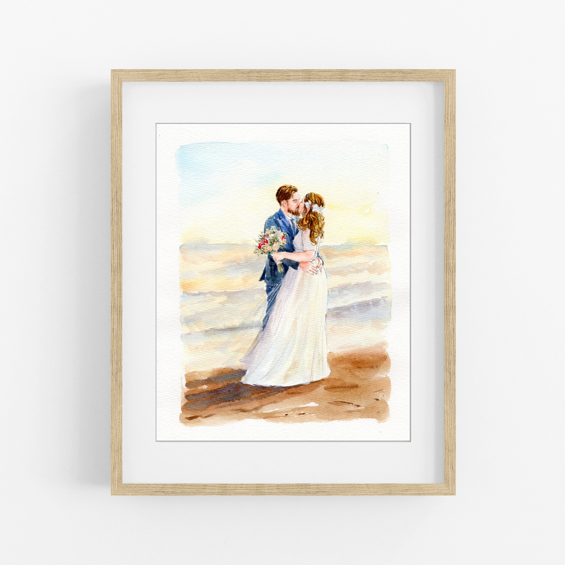 Beach couple watercolor portrait of bride and groom kissing by the sea