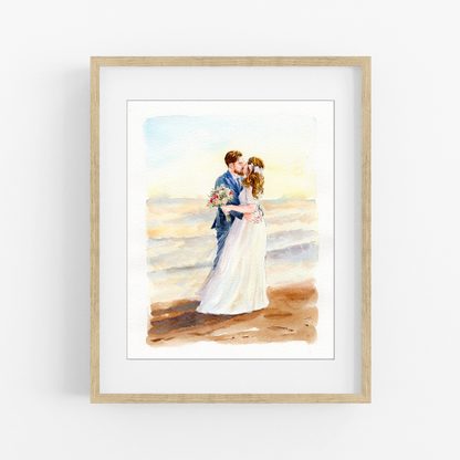 Beach couple watercolor portrait of bride and groom kissing by the sea
