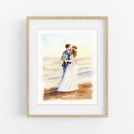Beach wedding watercolor portrait of bride and groom kissing by the sea