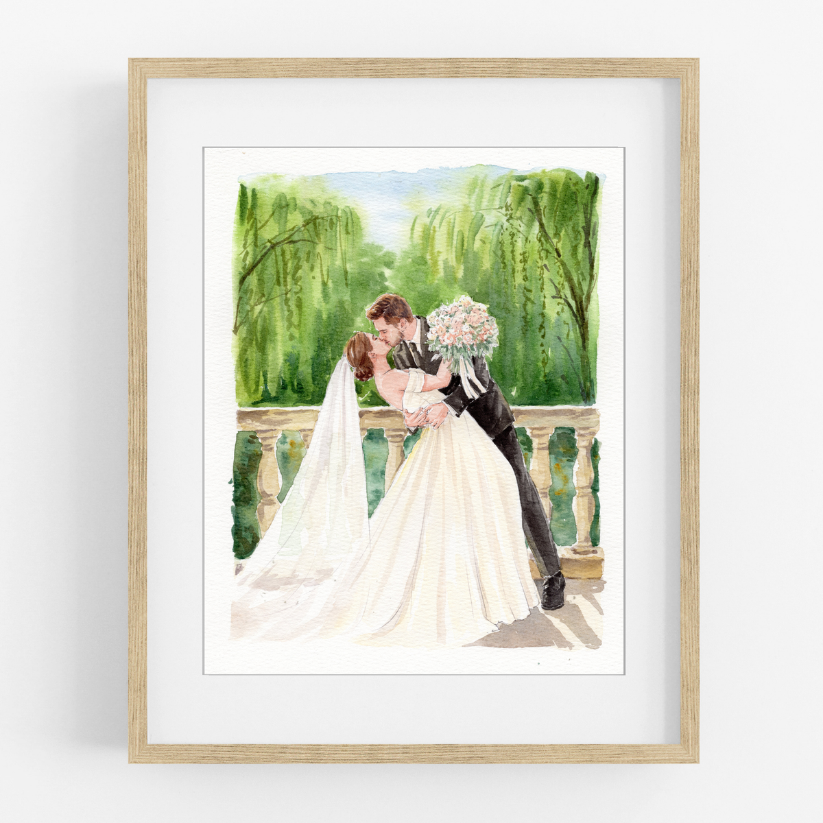 Framed watercolor wedding portrait of a couple beneath a floral arch with weeping willow trees behind them.
