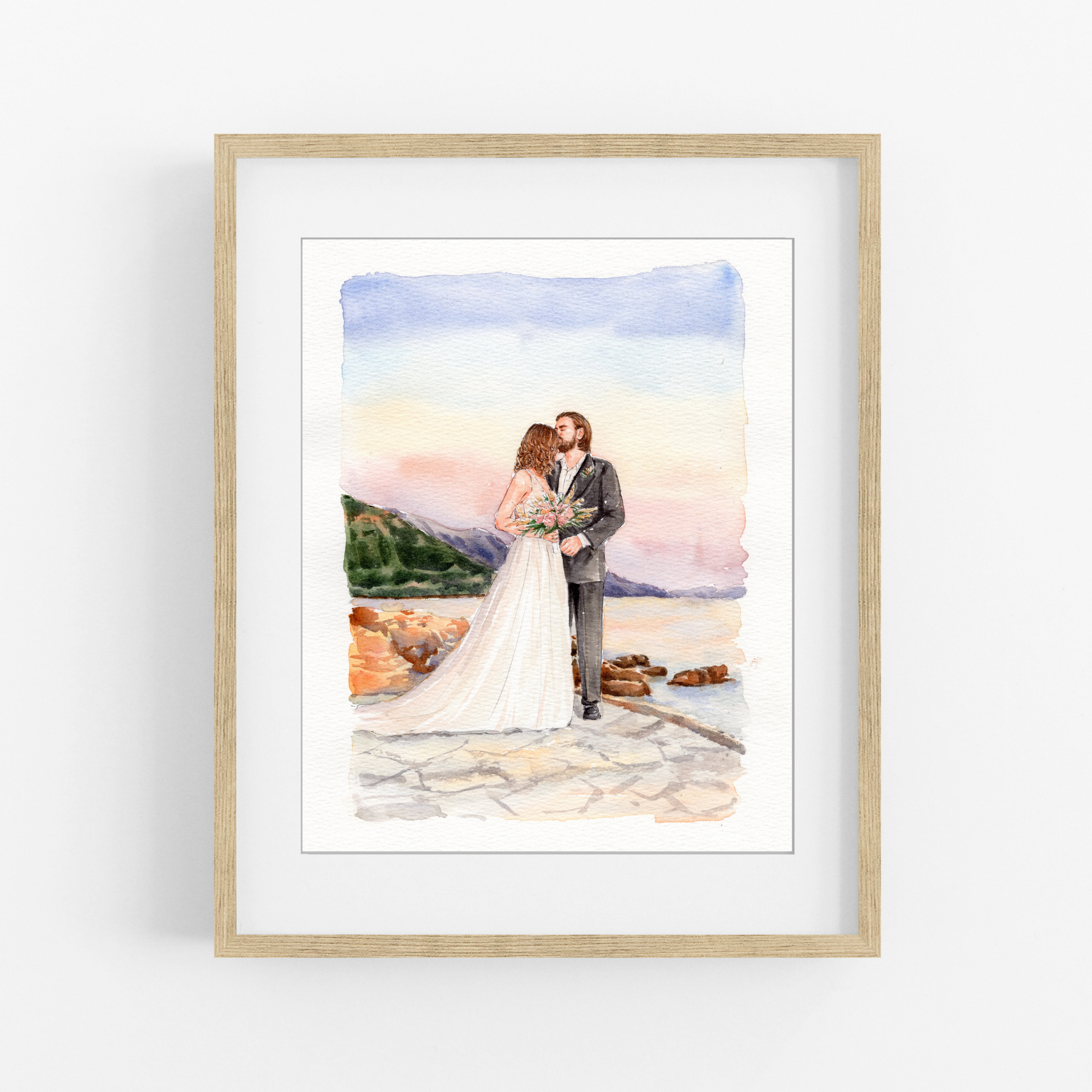 Destination wedding watercolor portrait with bride and groom by the water