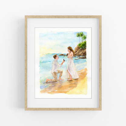 Beach proposal watercolor portrait from photo with ocean and palm trees