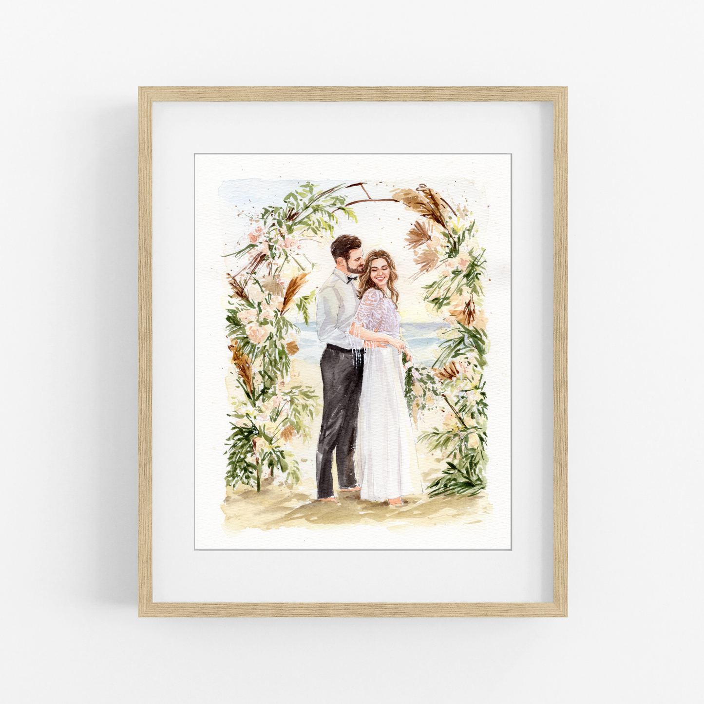 Floral wedding ceremony watercolor portrait with bride and groom under flower arch