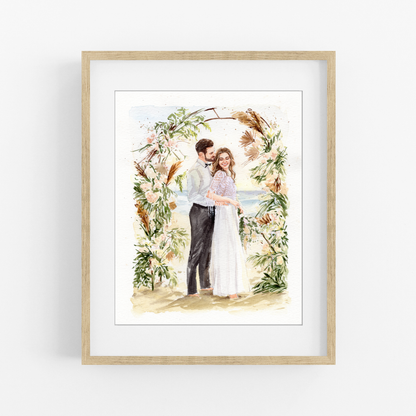 Floral wedding ceremony watercolor portrait with bride and groom under flower arch
