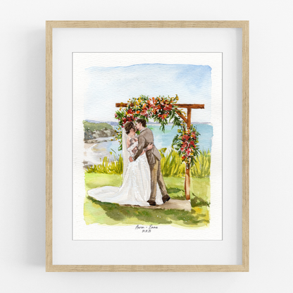 Framed watercolor portrait of a bride and groom embracing beneath an outdoor floral wedding arch.