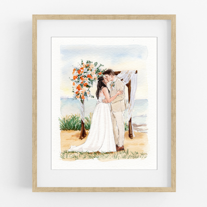 Framed watercolor wedding portrait of a couple kissing beneath a colorful floral arch beside the sea.