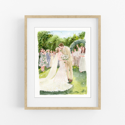 Custom hand-drawn wedding watercolor portrait from photo in a wooden frame