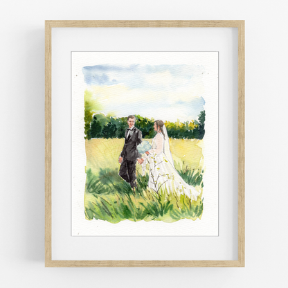 Framed watercolor portrait of a bride and groom standing together in a sunny meadow.