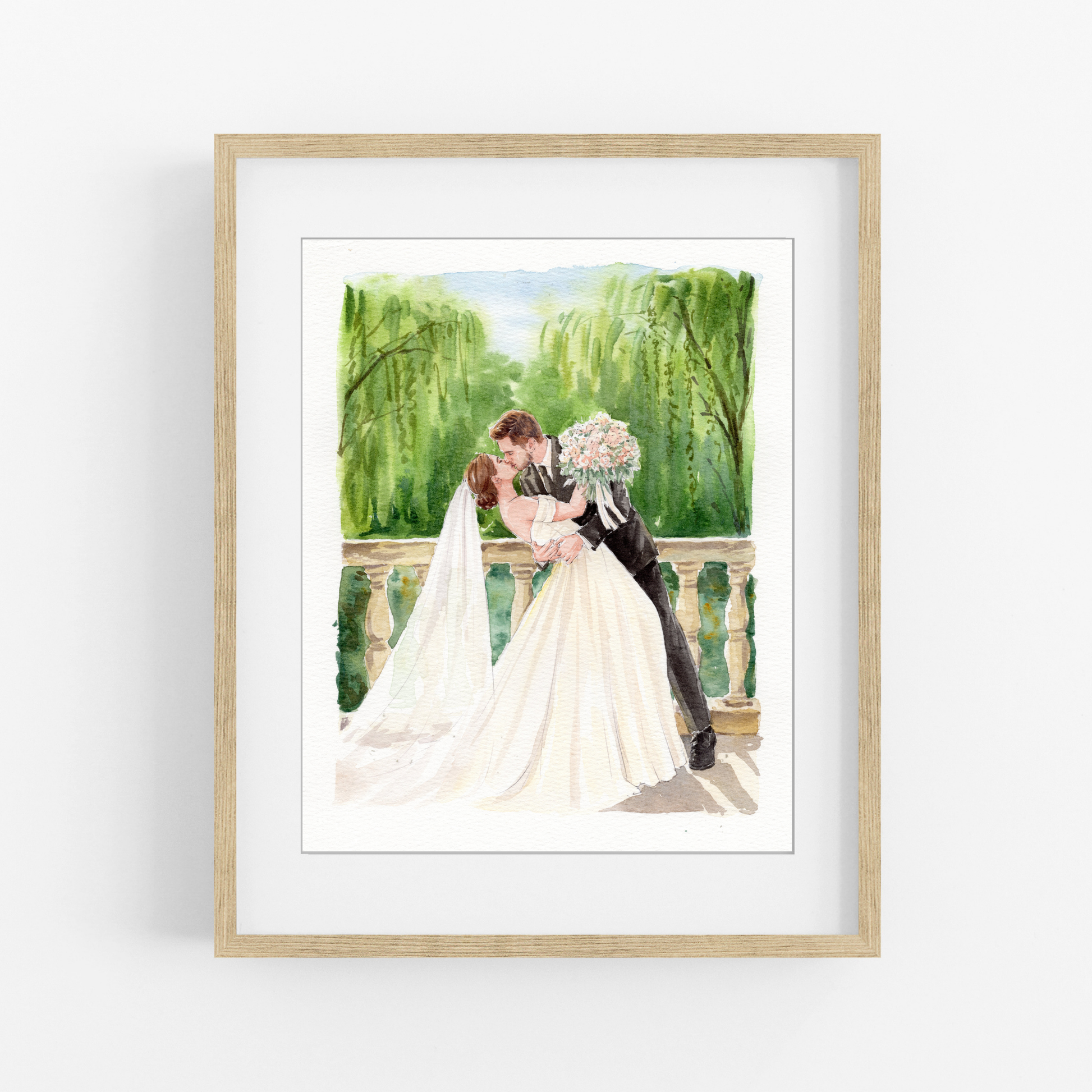 Romantic bride and groom kiss watercolor portrait drawn from photo