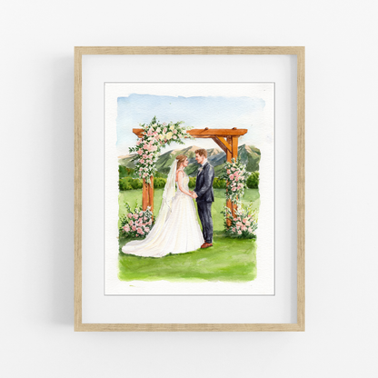 Garden wedding watercolor portrait with floral arch and mountain background