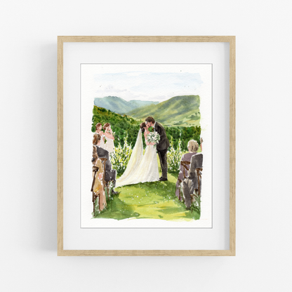 Wedding ceremony watercolor portrait with mountain background drawn by hand