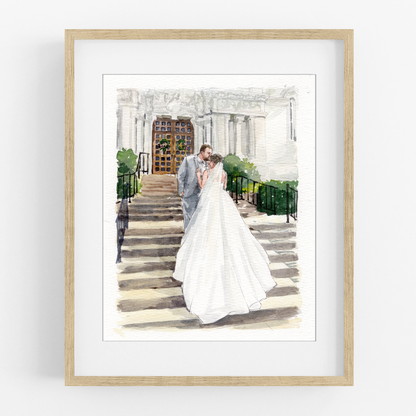 Framed watercolor wedding portrait of a bride and groom on stone steps outside an ornate building.