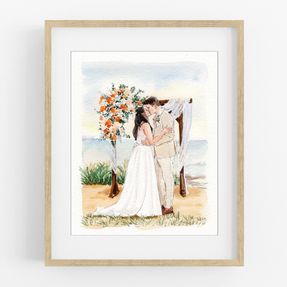 Framed watercolor wedding portrait of a couple kissing beneath a seaside arch decorated with colorful flowers.
