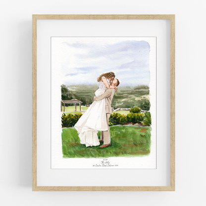 Framed watercolor wedding portrait of a groom lifting his bride in a green garden overlooking distant hills.
