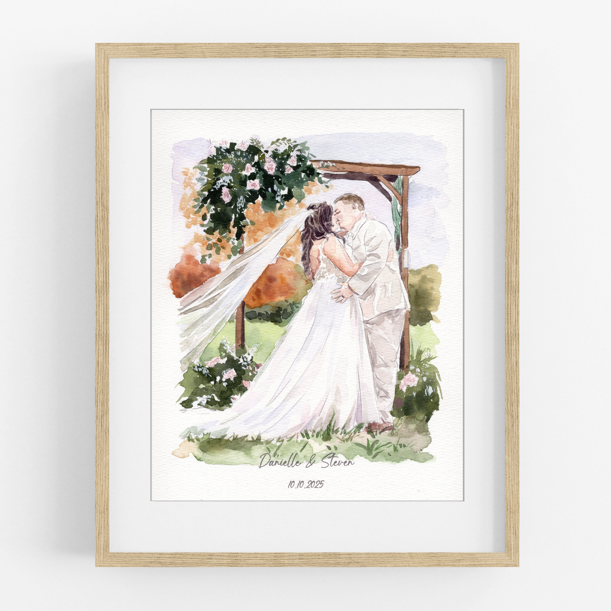 Framed watercolor wedding portrait of a couple beneath a flower-covered arch with a flowing bridal veil.