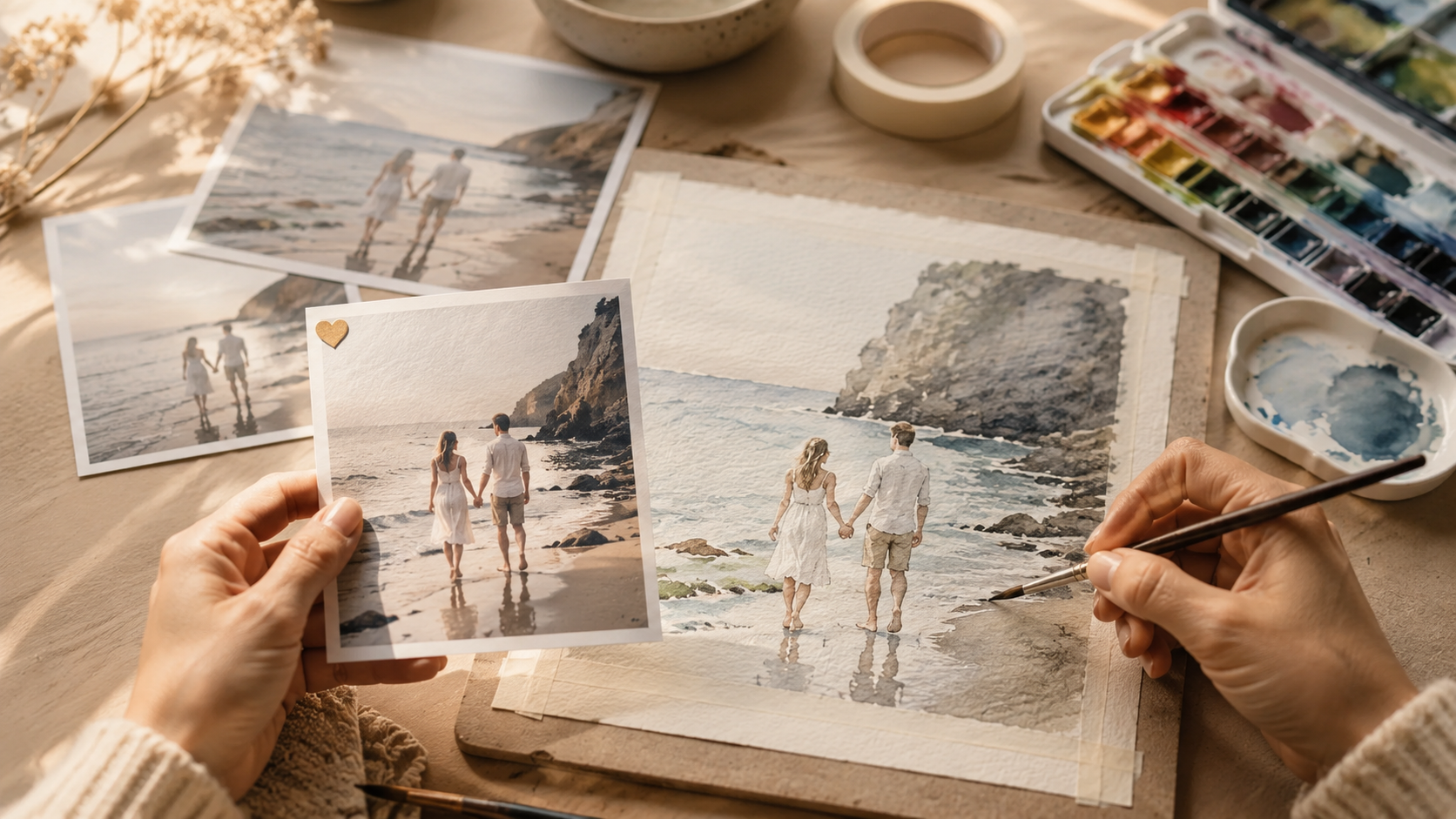 A favorite beach photograph beside the custom watercolor portrait it inspired