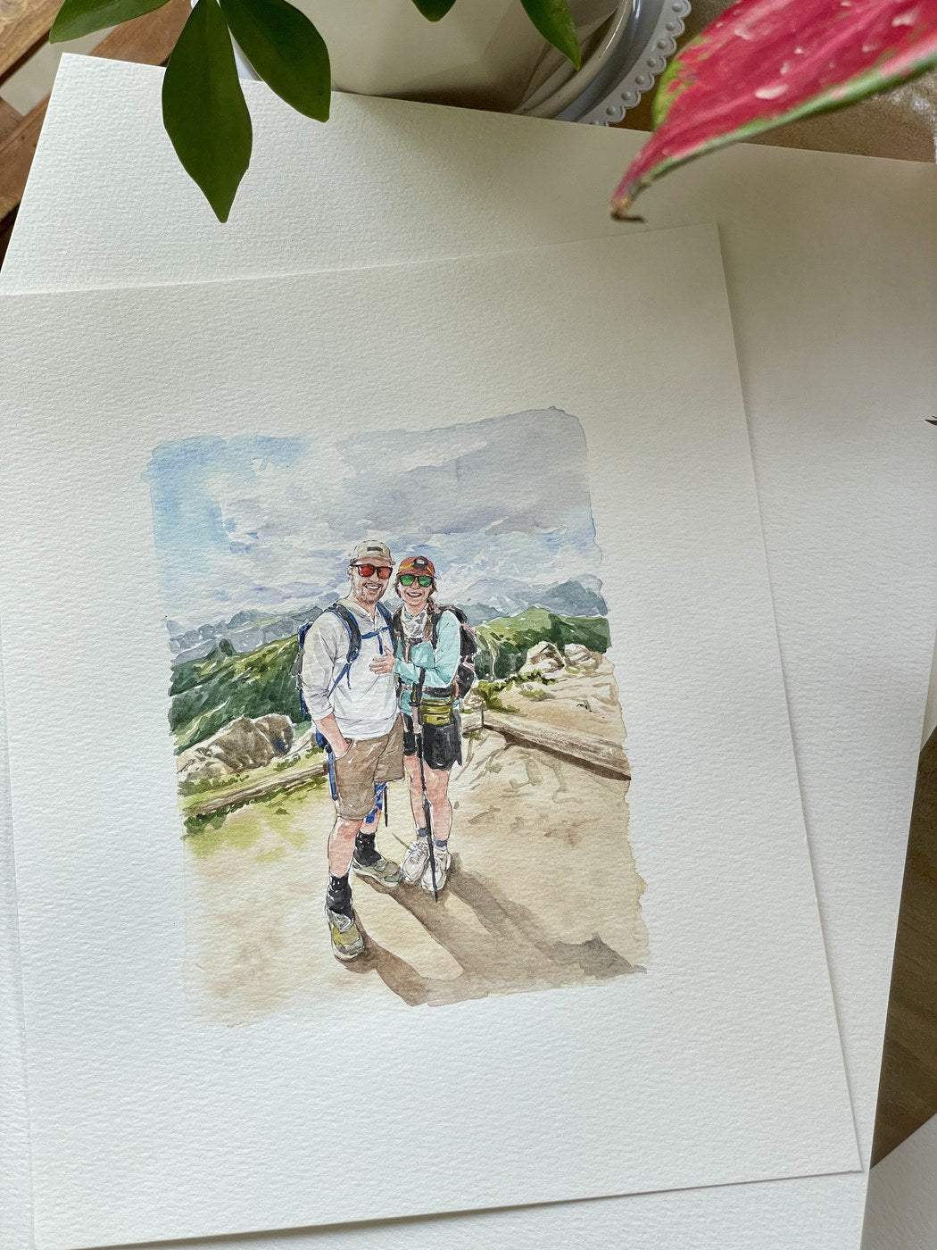 Finished hand-painted couple hiking watercolor portrait
