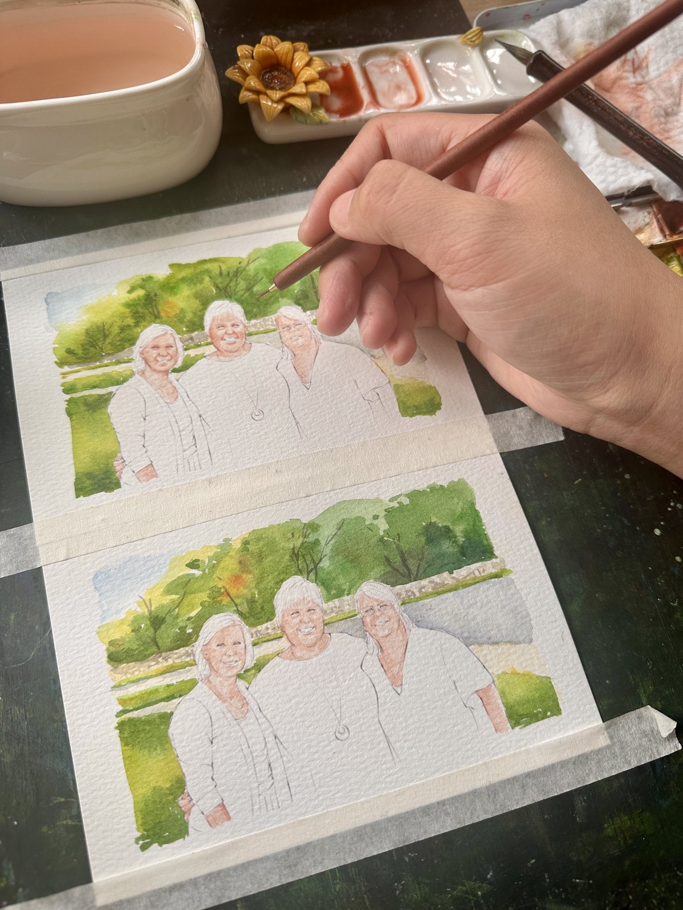 A family friendship watercolor portrait being painted