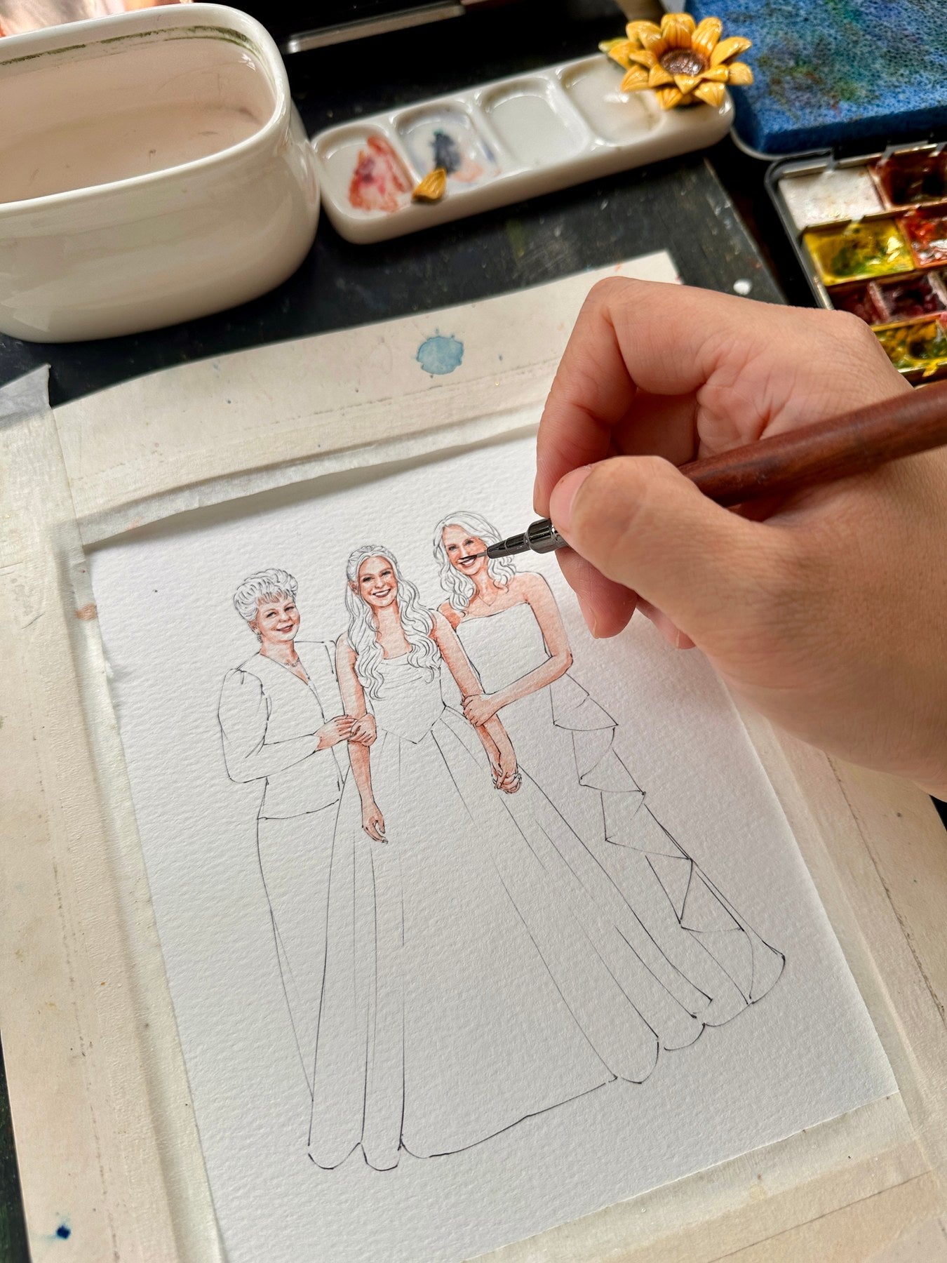 Three-generation women portrait painted by hand in watercolor