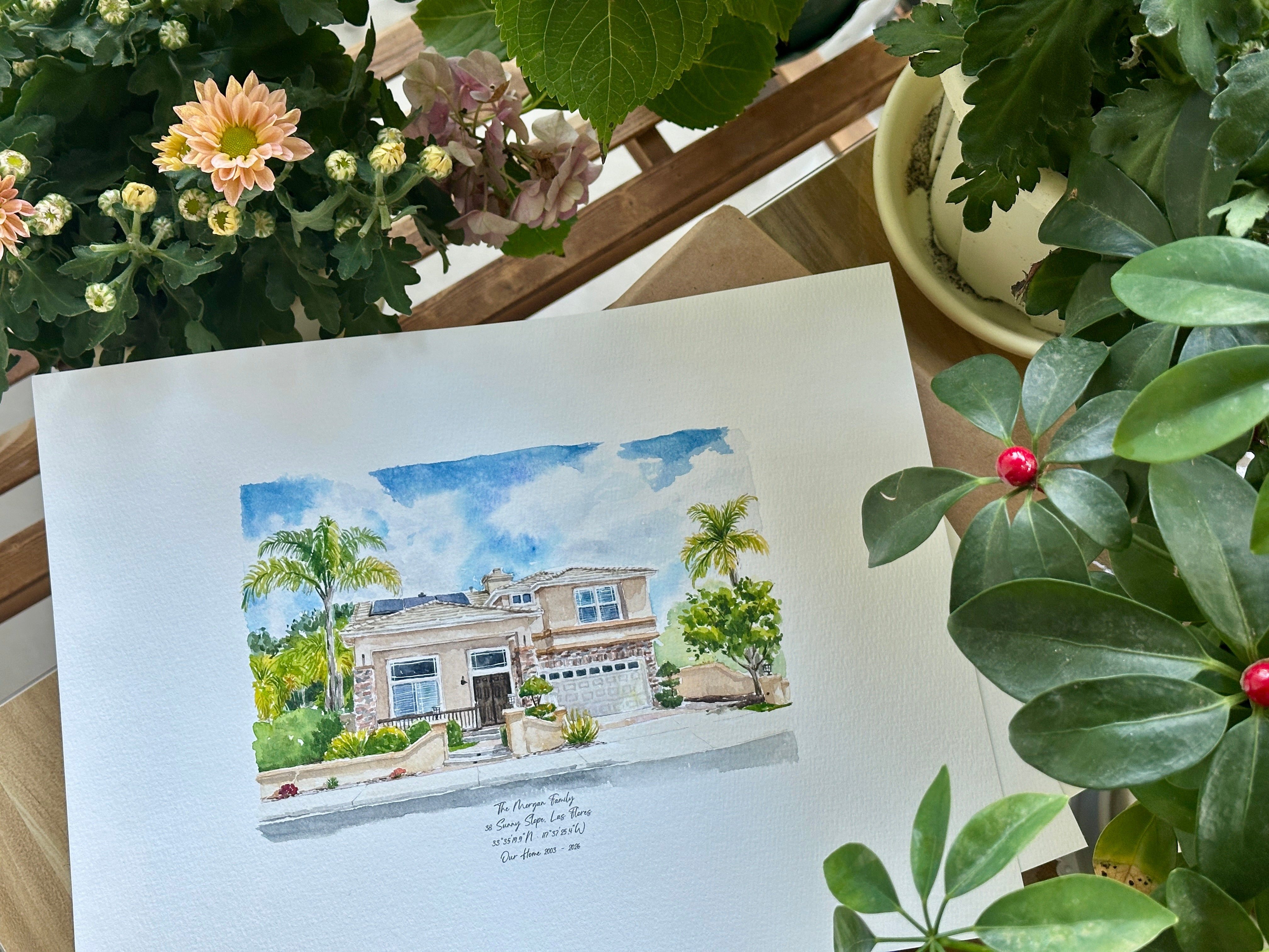 Finished hand-painted watercolor portrait of a family home