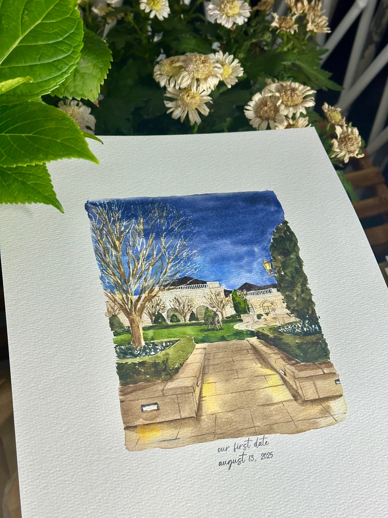 Finished hand-painted watercolor portrait of a nighttime venue