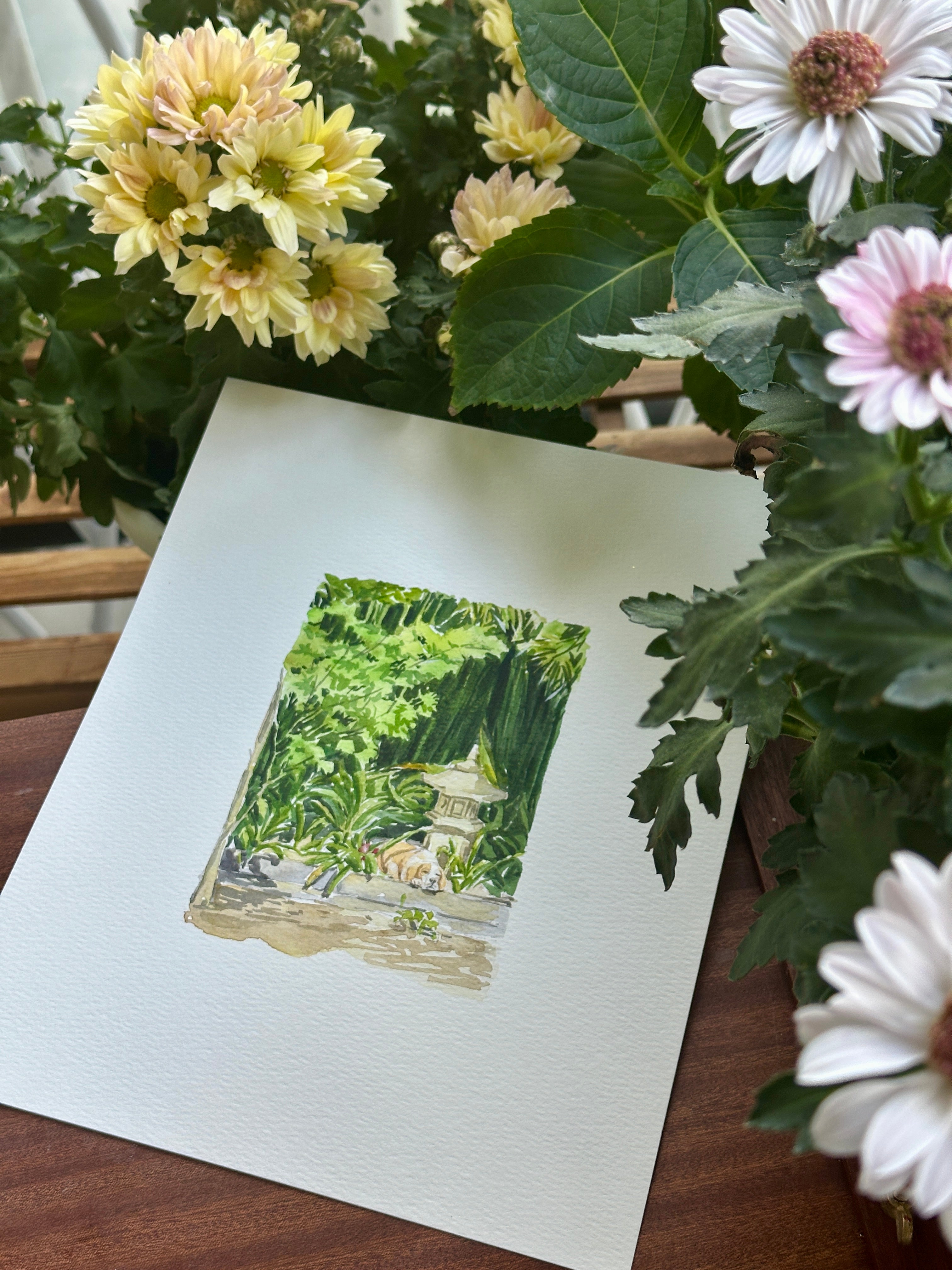 Finished hand-painted watercolor portrait of a lush garden landscape
