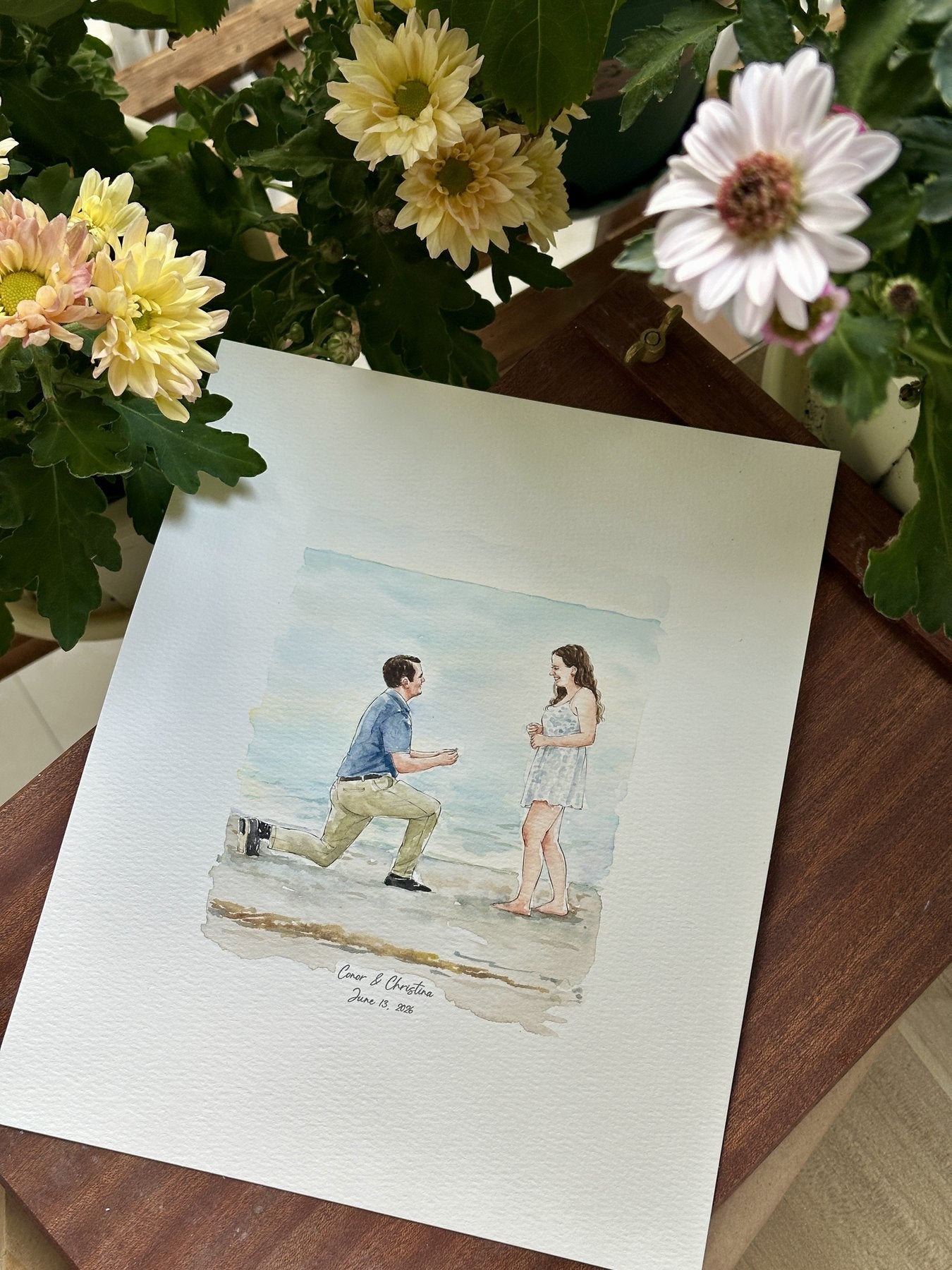 Finished watercolor proposal portrait of Conor and Christina