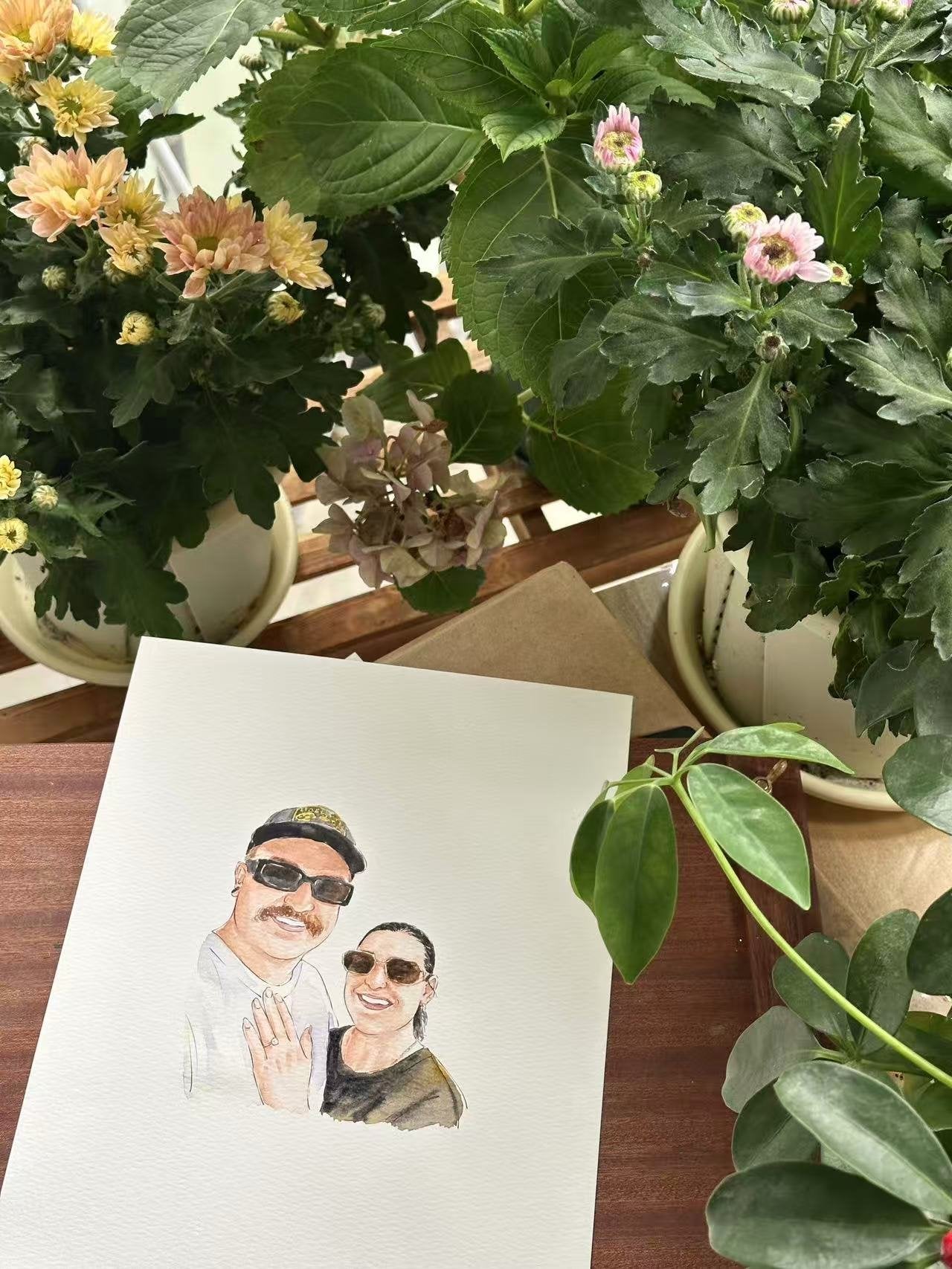 Finished hand-painted watercolor engagement portrait