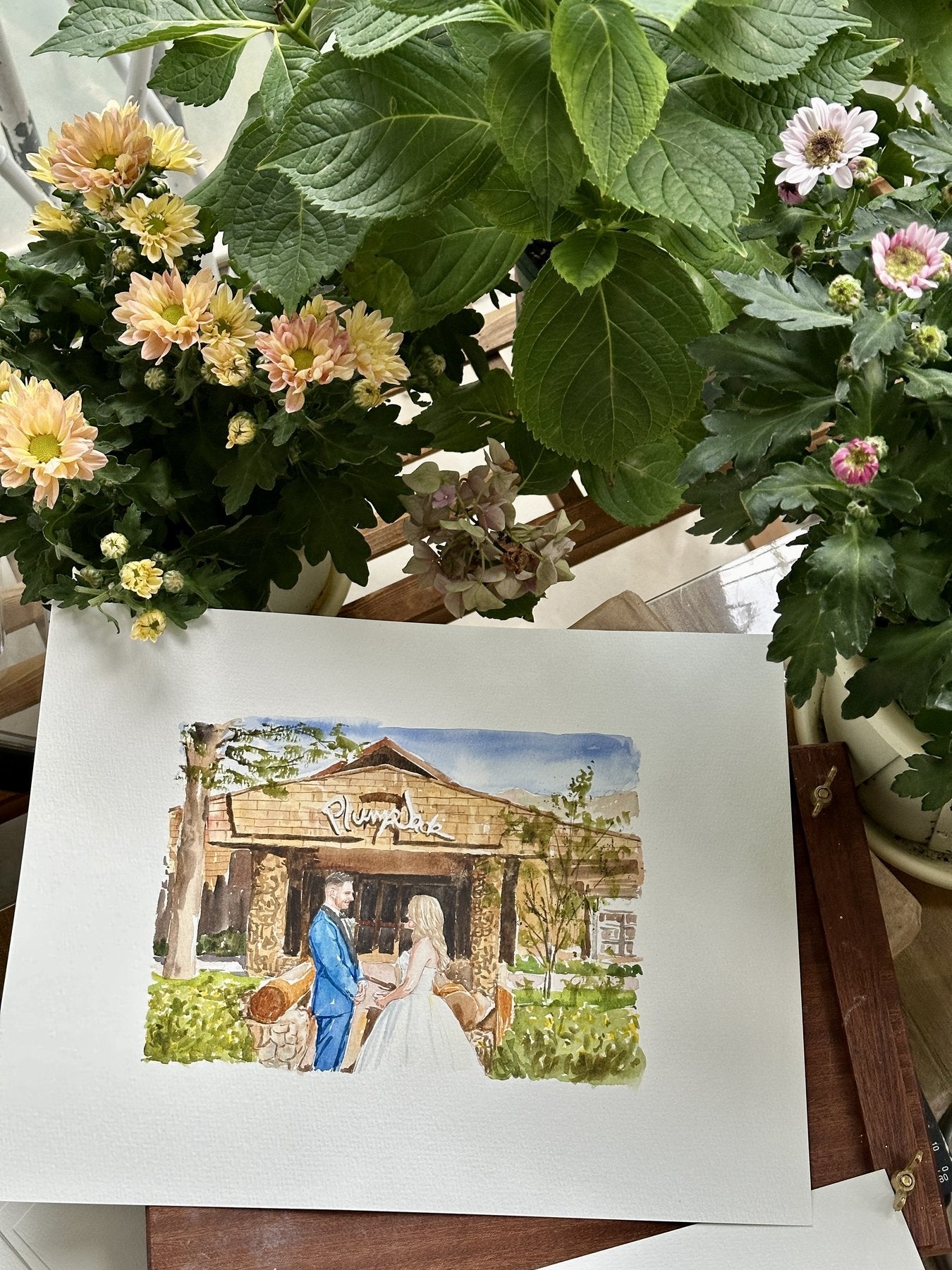 Finished hand-painted watercolor wedding portrait