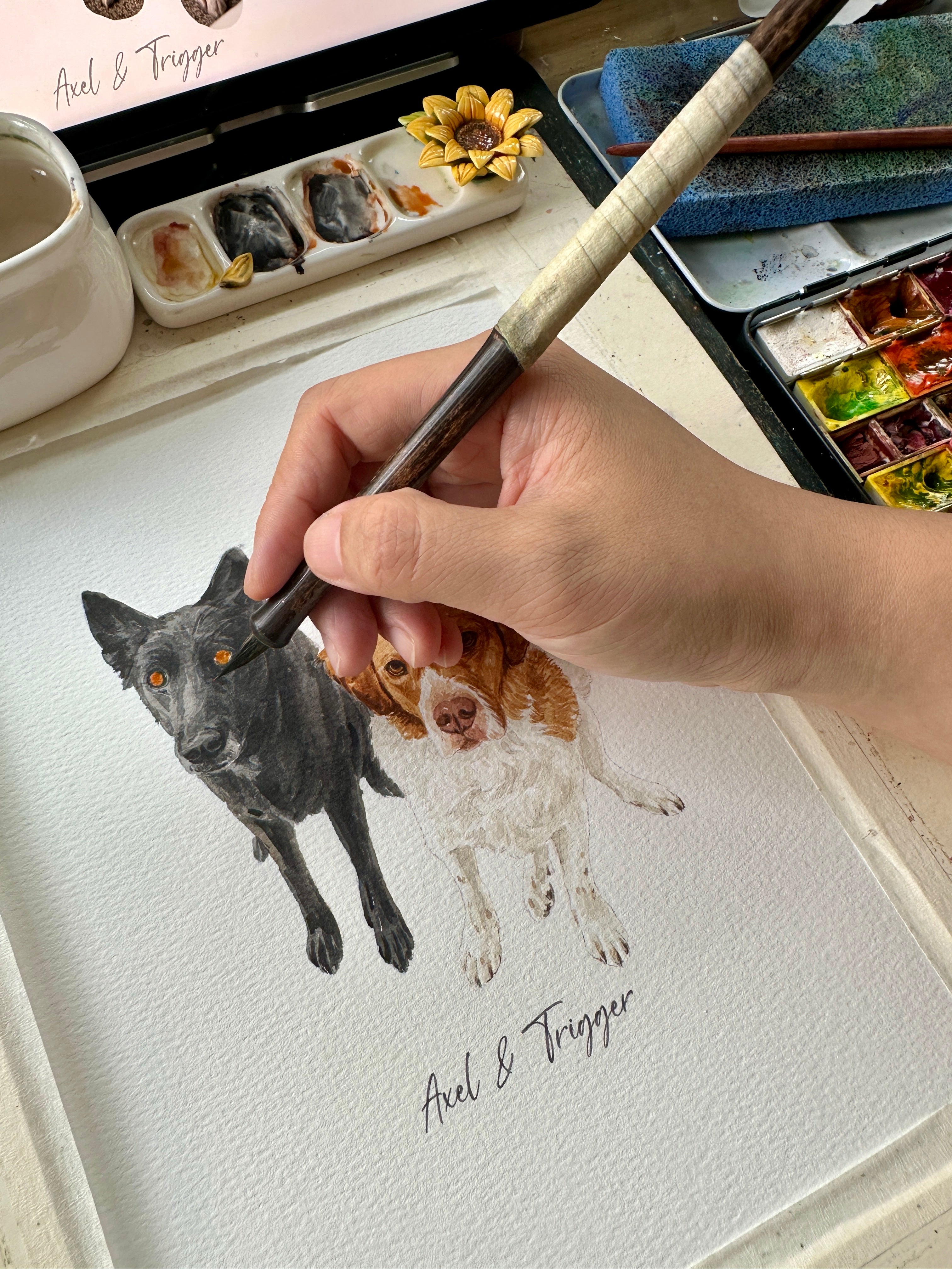 Axel and Trigger double dog portrait in progress