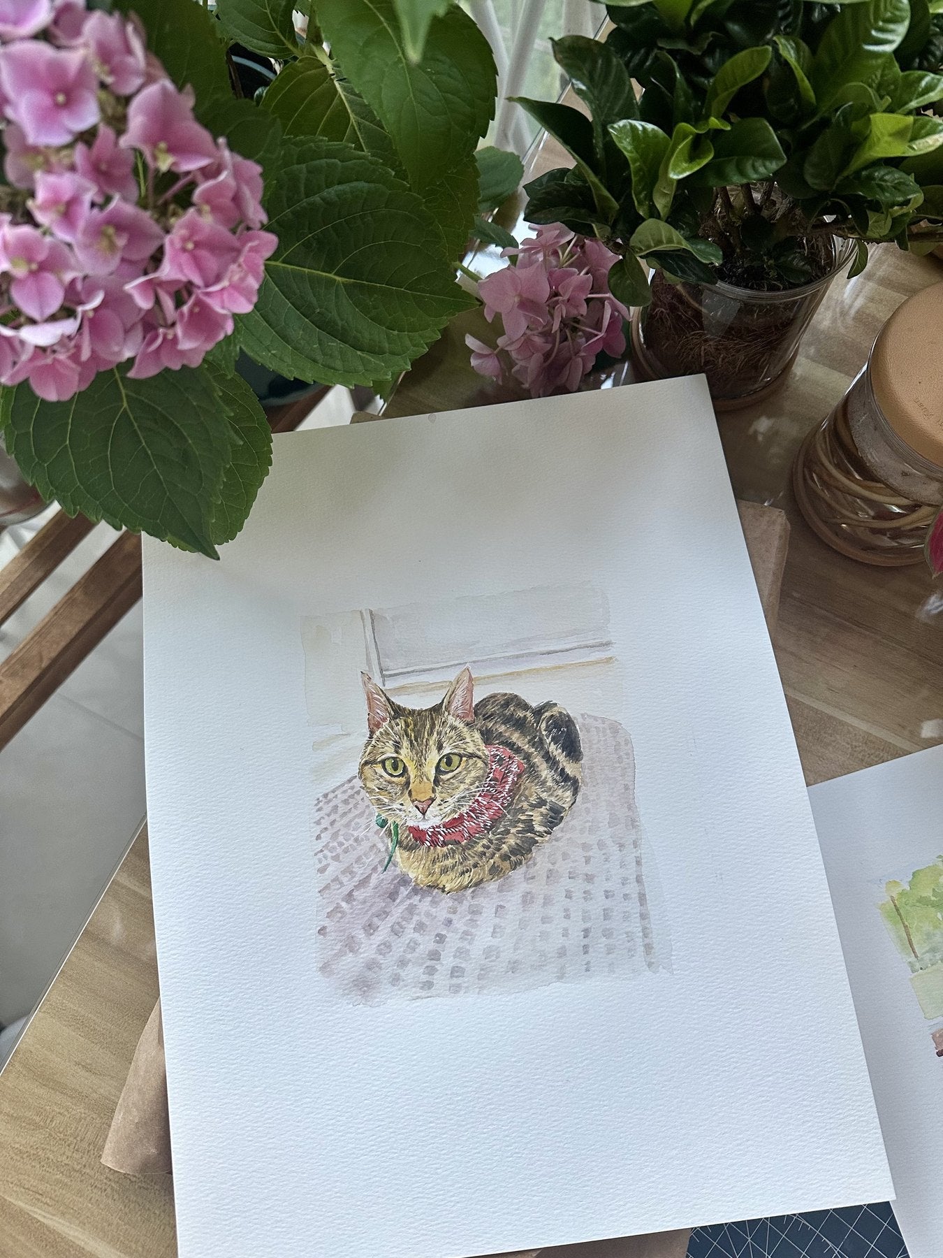 Gentle tabby cat in a custom watercolor portrait