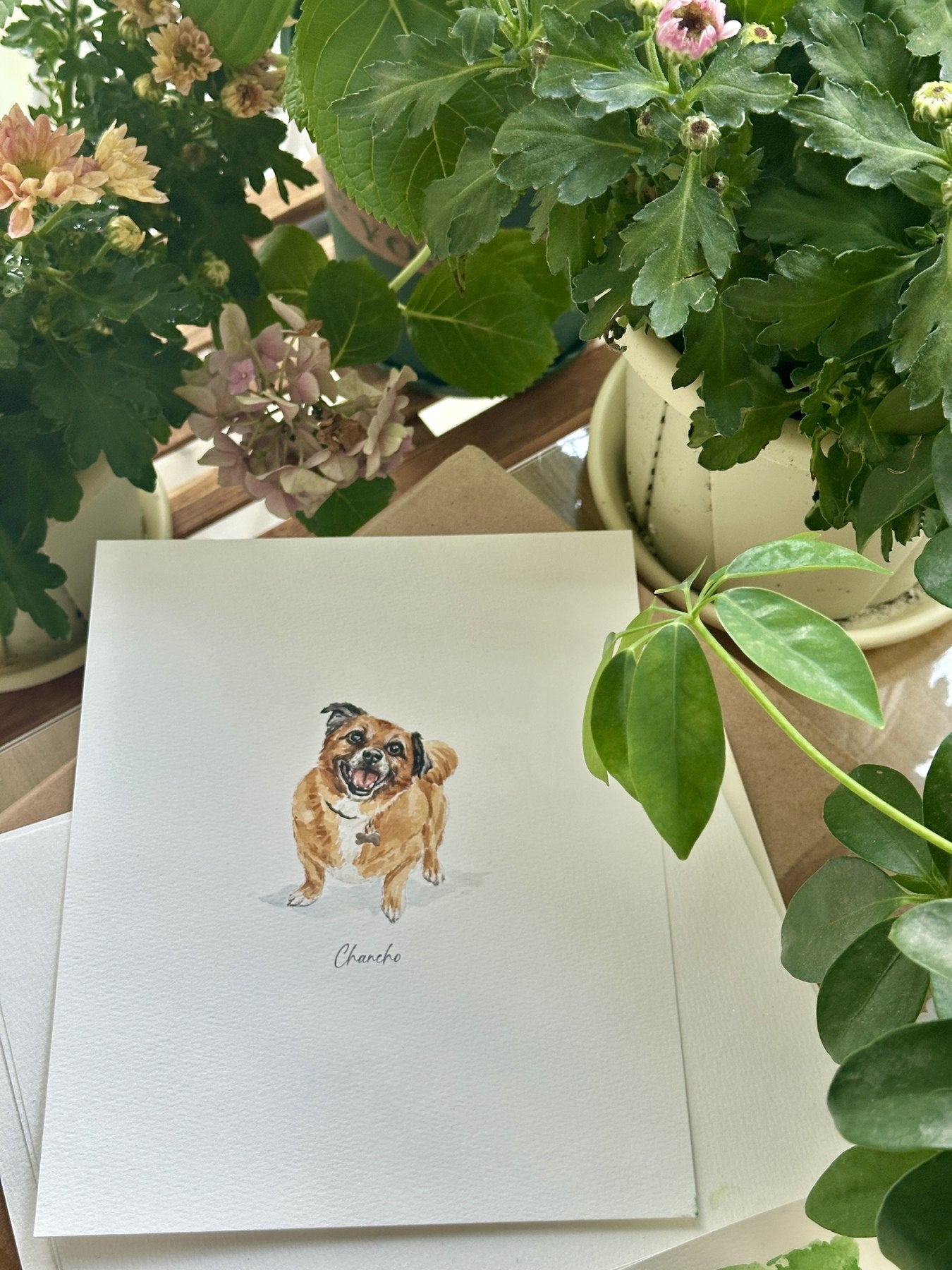 Playful Chancho custom watercolor dog portrait