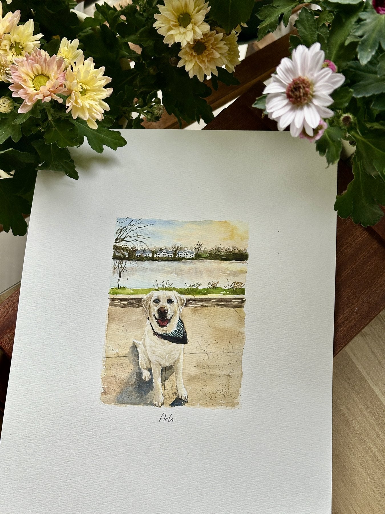 Nala custom watercolor pet portrait by the water