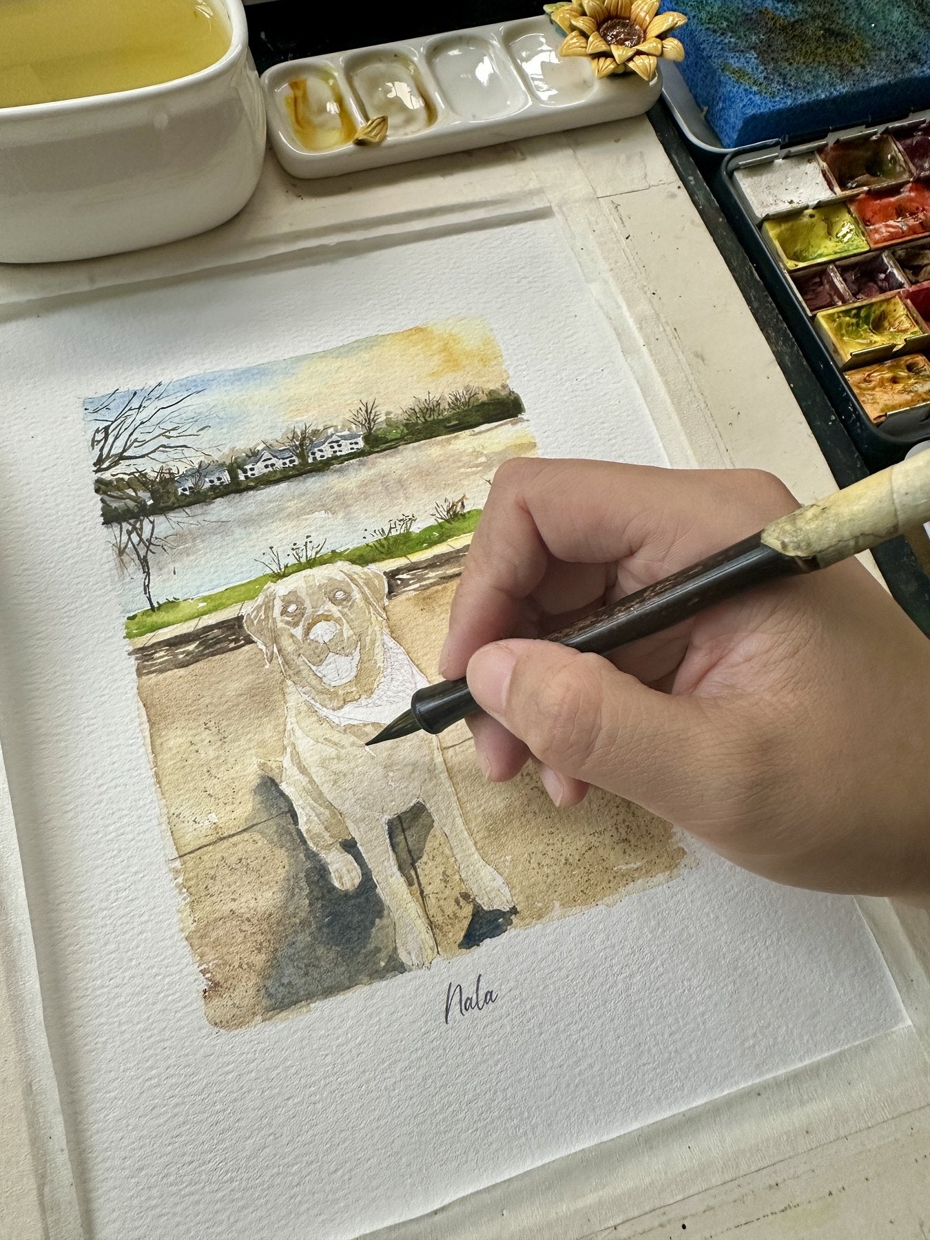 Nala scenic dog portrait painted beside a waterfront view