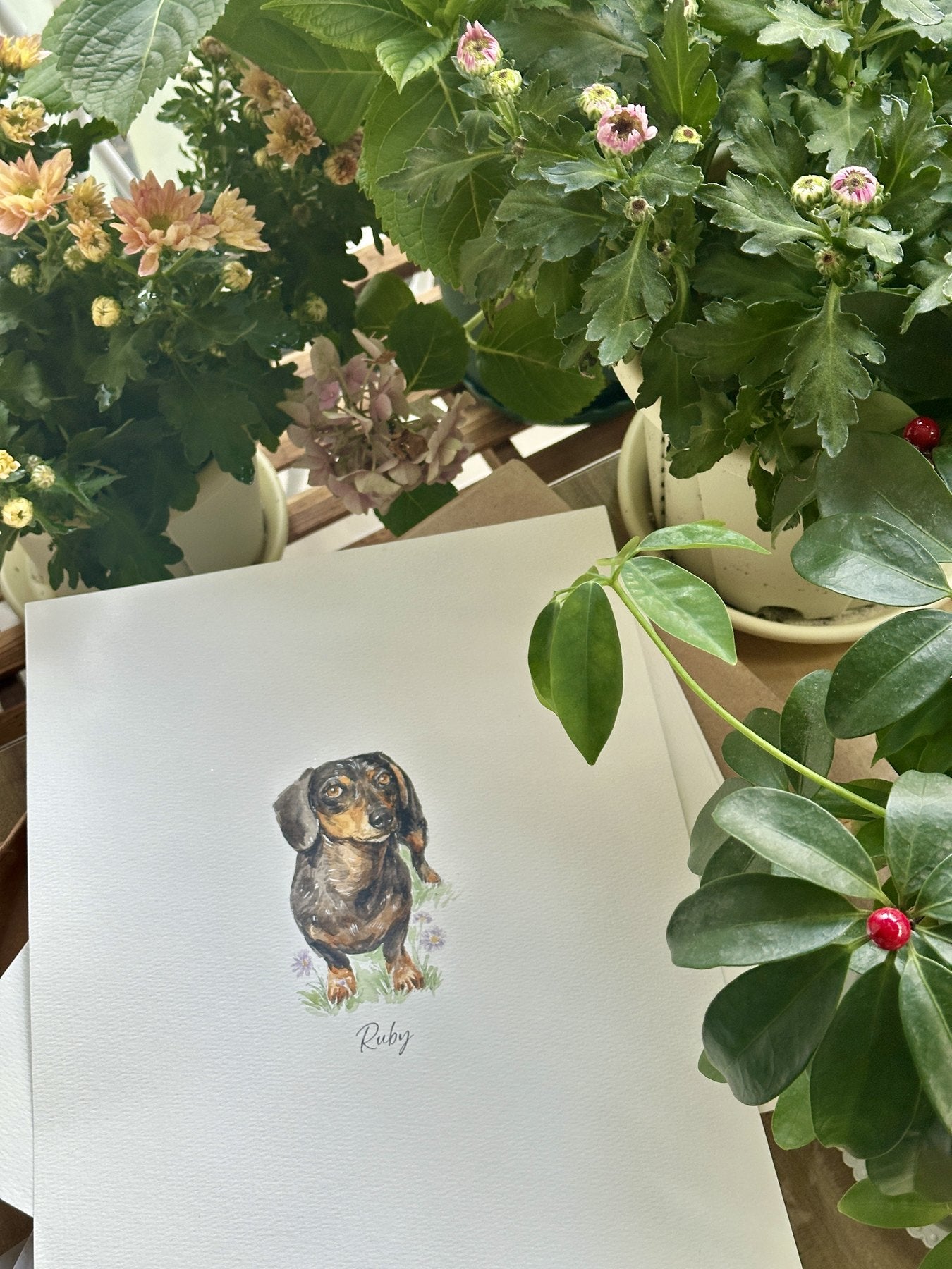 Curious Ruby captured in a custom watercolor portrait