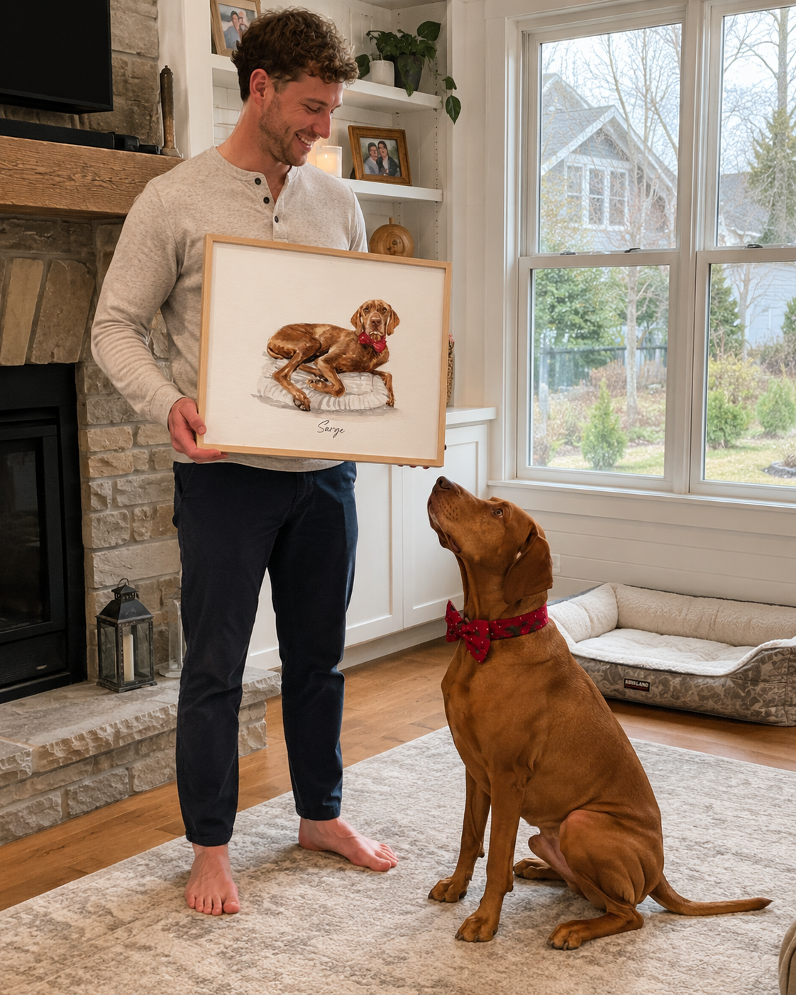Customer holding a framed pet watercolor portrait with his dog