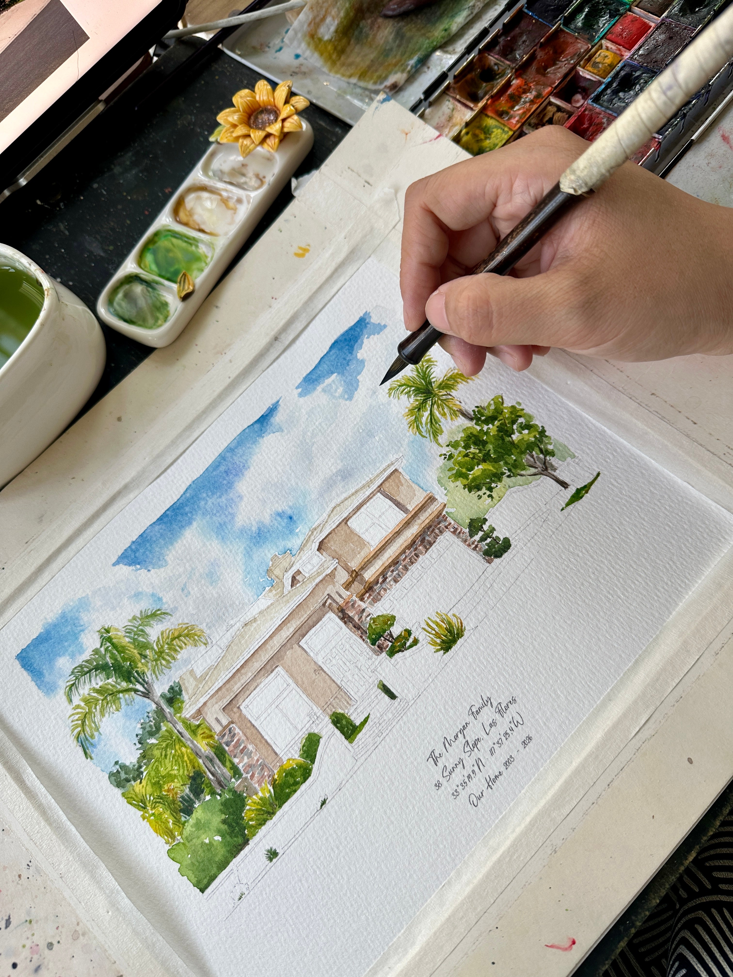 Hand-painting a custom watercolor house portrait in progress