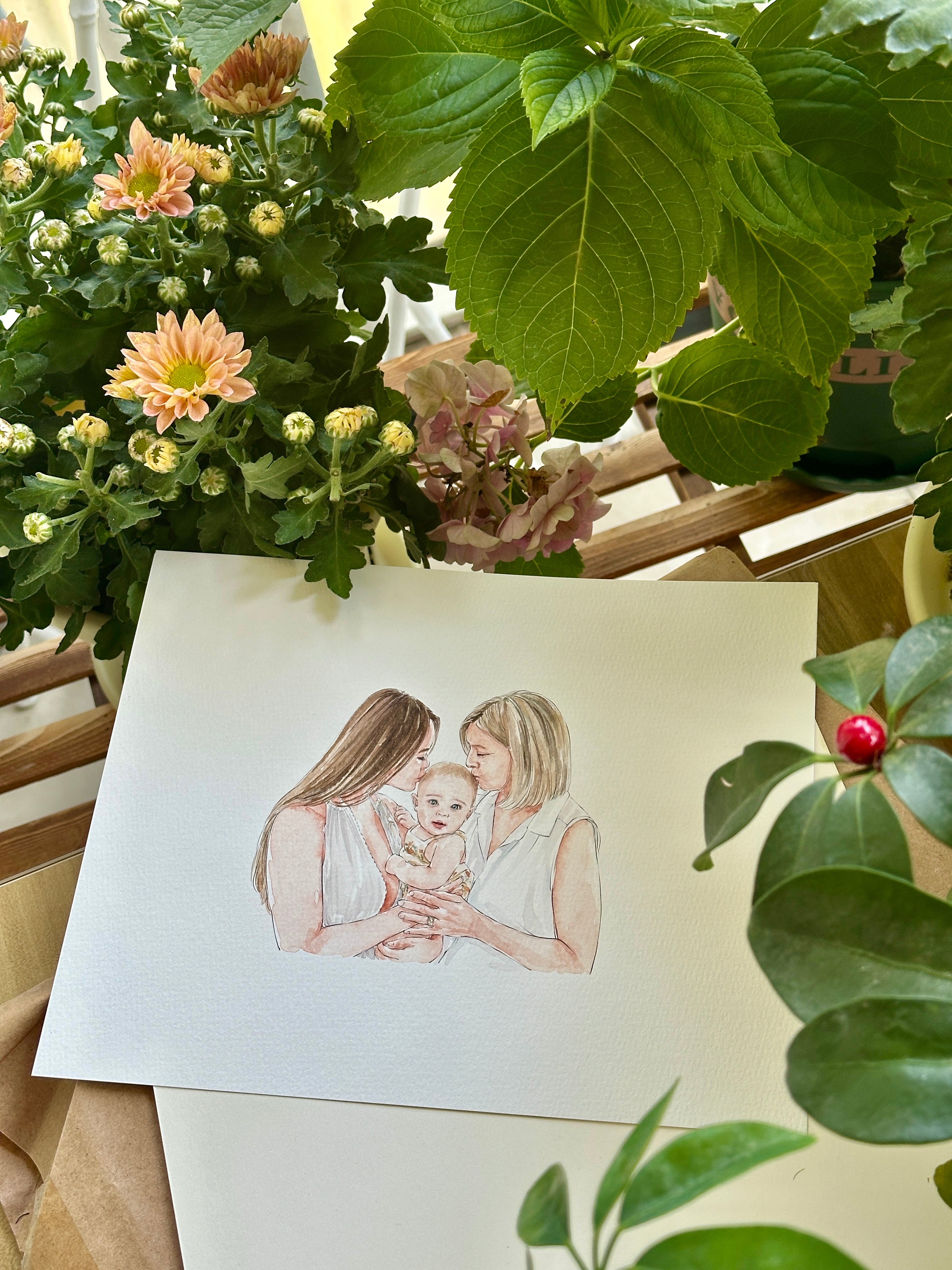 Finished hand-painted watercolor portrait gift for mom