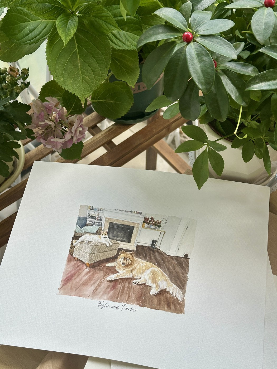 Finished custom pet watercolor room portrait