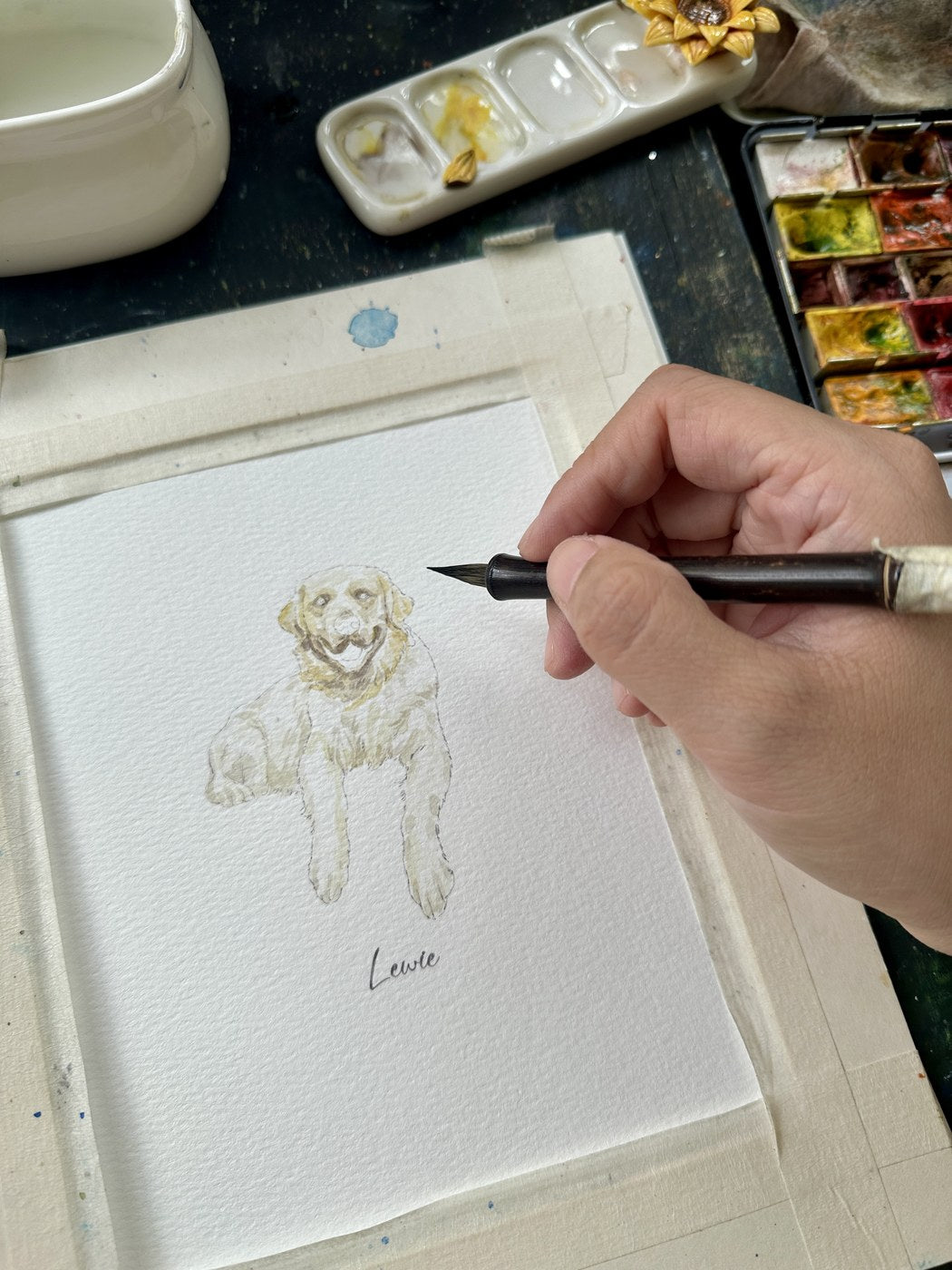 Hand-painting a custom dog watercolor portrait in progress