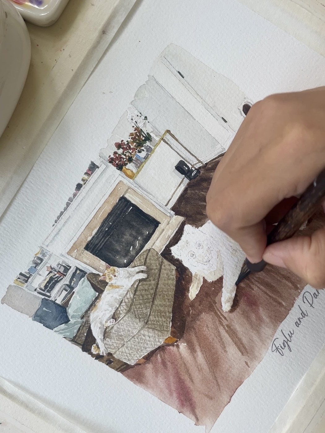 Custom pet watercolor room portrait in progress